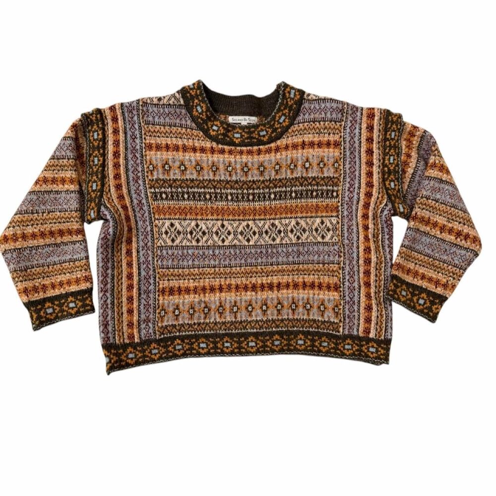 See and Be Seen brown and multi-colored geometric patterned sweater